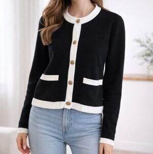 Women's MAJOR Black & White Trim Cardigan Sweater M